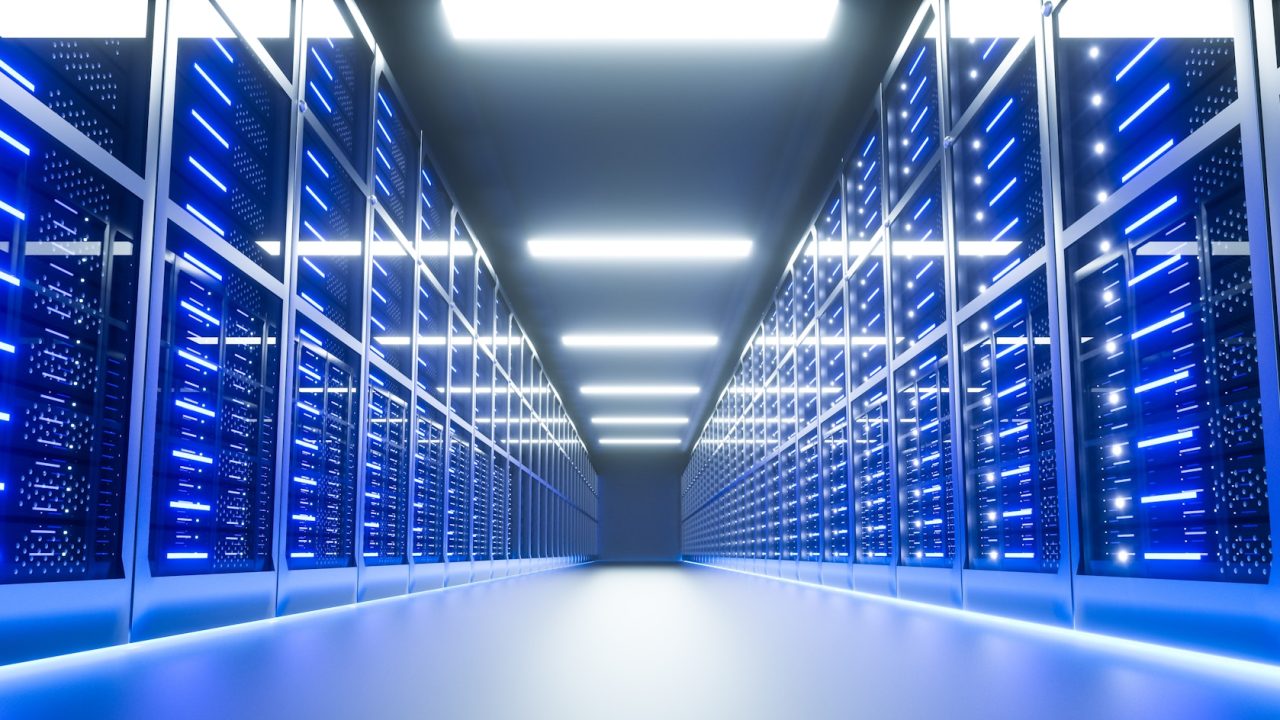 Server room interior in datacenter. 3D Render
